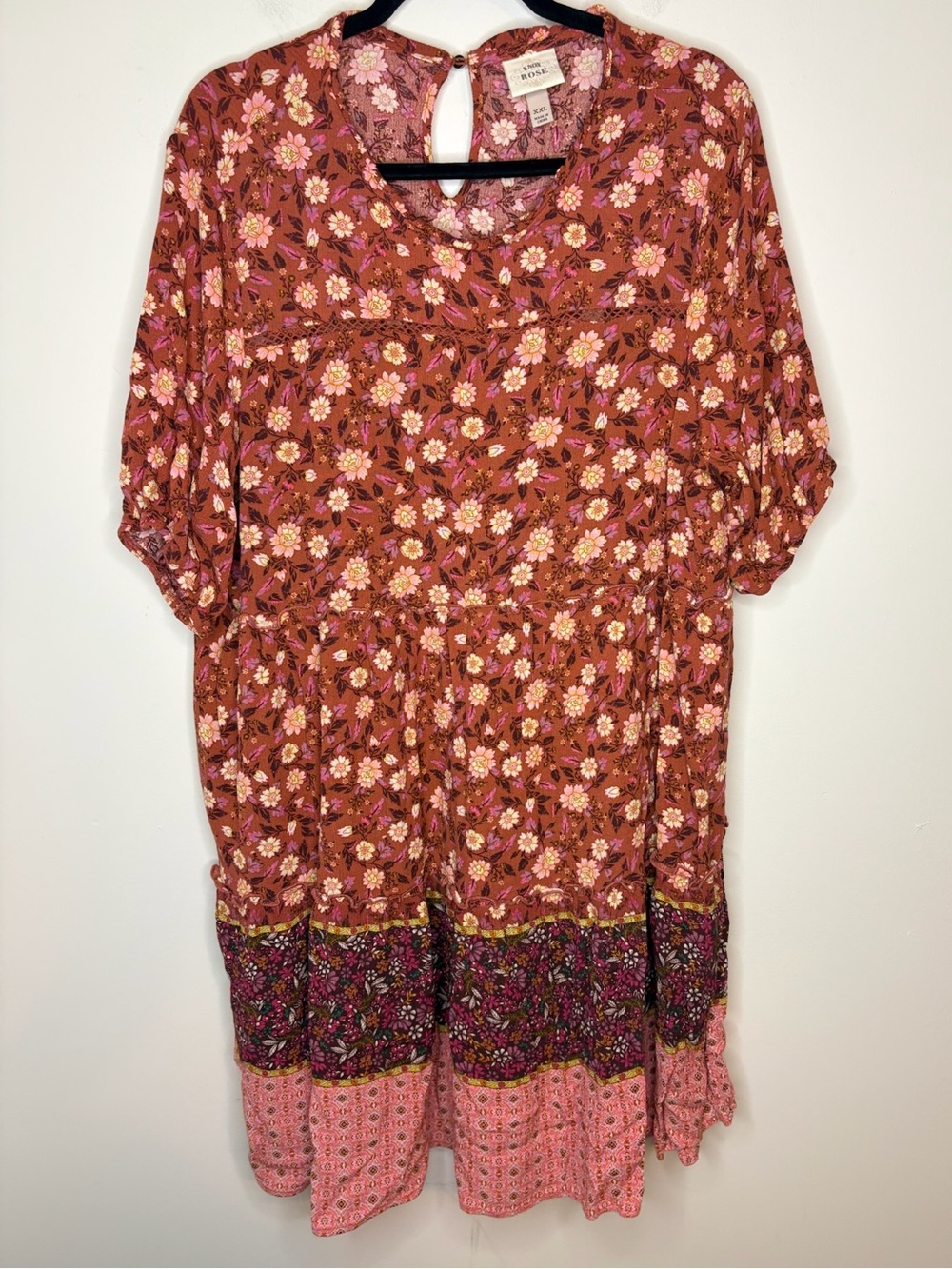 Knox Rose Rust Floral Tiered Peasant Dress - Pink Floral Size XXL Cottagecore